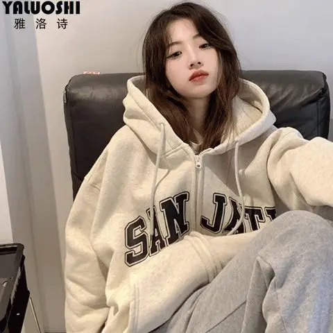 2024 Original Zipper Cardigan 2024 Spring and Autumn Retro Lazy Style Hooded Sweatshirt Women Oversize Fleece Top Jacket