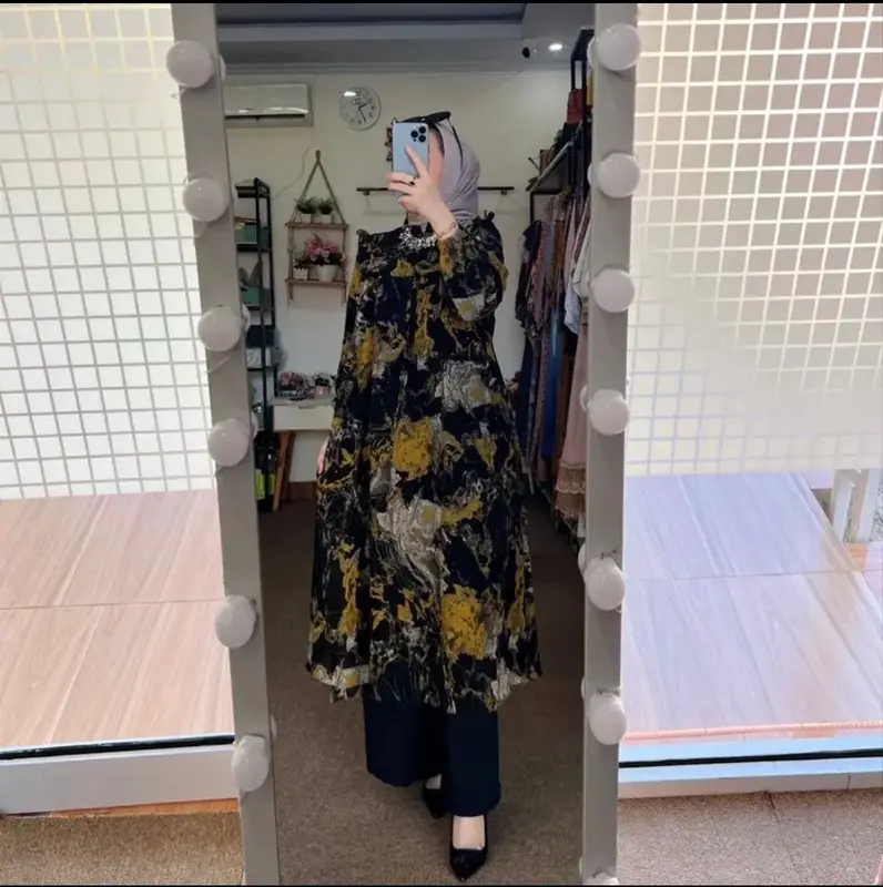 DREANA STORE - Aziza Set - One Set Tunik Ceruty Babydoll Wanita Motif Marmer Set Celana Kulot Crinkle Airflow Dress Karet Muslim Melar Panjang Setelan Navy Lembut Mewah Baju Nyaman Atasan 2