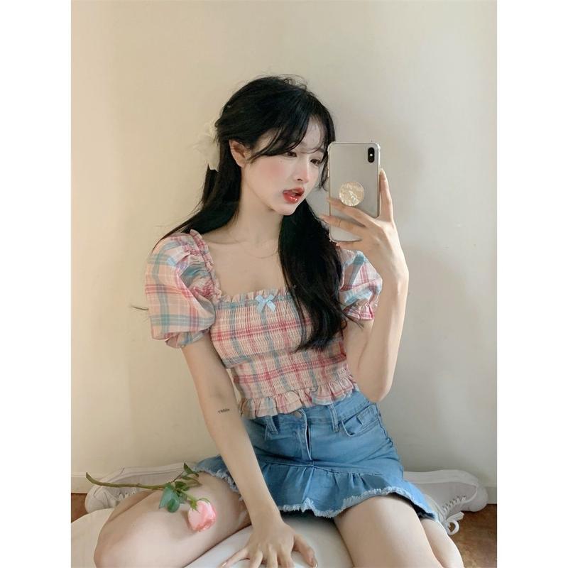 Áo croptop nữ tay phồng, cổ vuông, tay ngắn, mùa hè