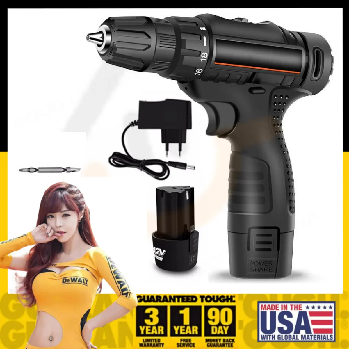 DNY 12V Mesin bor baterai bor 18+1bor Impact listrik bor cordless murah 10mm Bor cas/2Mode-bor Impact obeng/bor tembok besi kayu Bisa bolak-balik