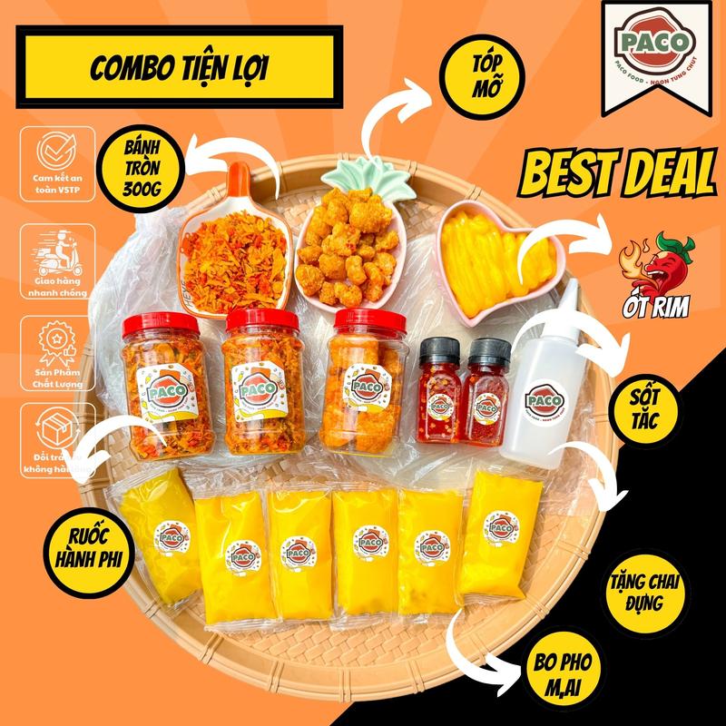 Combo Bánh Tráng Tiện Lợi Paco Food Gồm 2 Bánh 150g + 2 Hủ Ruốc Hành Phi + 1 Hủ Tóp Mỡ + 6 Túi Bo Phơ Mai + 1 Sốt Tắc + 1 Sốt Ớt Rim - Đồ ăn vặt snacks