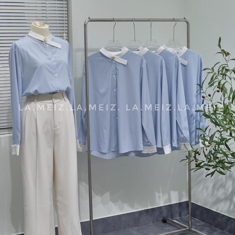 áo sơ mi kẻ xanh cổ chéo  la.meiz