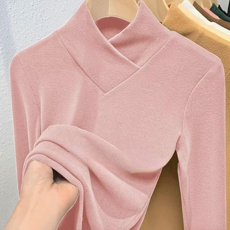 Áo Giữ Nhiệt Cho Nữ, Phong Cách Đường Phố Hàn Quốc, Áo Dài Tay Ngoài Trời Mùa Thu, Cổ Lọ Nửa, Cổ Chéo, Đồ Mặc Bên Trong Ấm Áp, Có 6 Màu, Cỡ S-3XL, Thời Trang Đường Phố 3