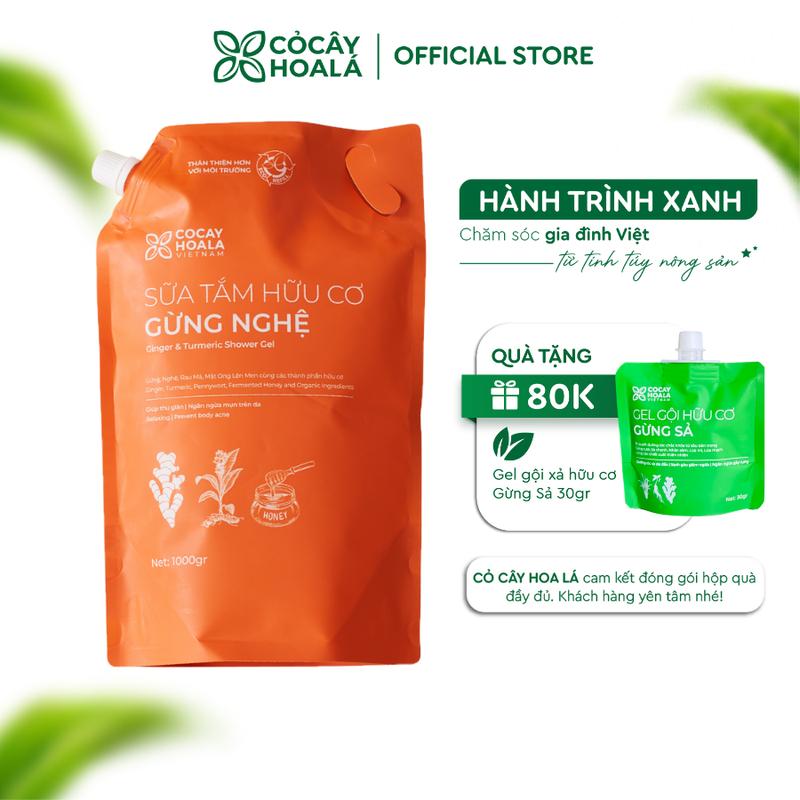 Sữa Tắm Thảo Dược Gừng Nghệ Giữ Ấm Cơ Thể Cỏ Cây Hoa Lá - Túi Refill 1000g - Tặng dầu gội Gừng sả 30ml