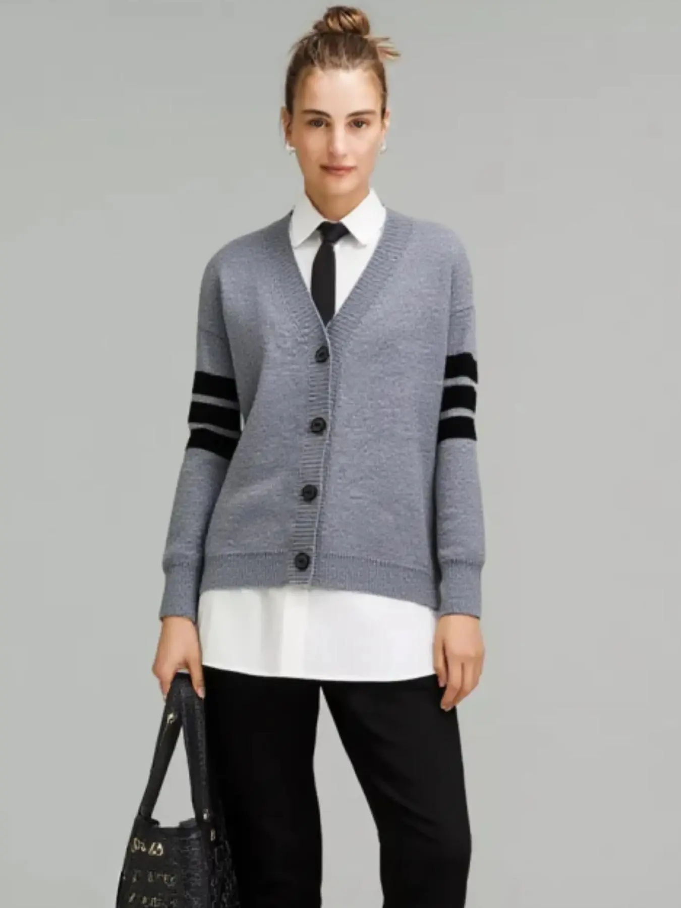 Women's Striped Print Button Front Sports Cardigan, Casual Long Sleeve V Neck Knitwear for Spring & Fall, Ladies Warm Sportswear