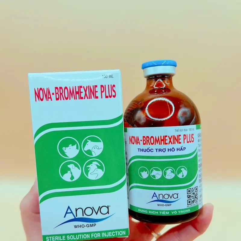 Nova Bromhexine Plus 100ml tiêm hỗ trợ hô hấp, long đờm dễ thở, giảm ho, thông khí quản cho gia súc, gia cầm, gà đá, gà chọi 0