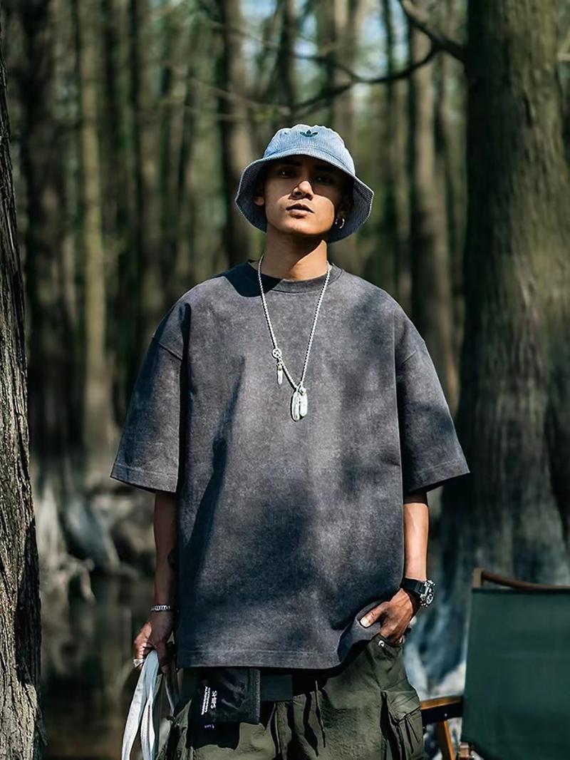 Product Introduction of 230G Heavy Washed Distressed Short-Sleeved T-shirt Men's All-Match Solid Color Loose round Neck 1
