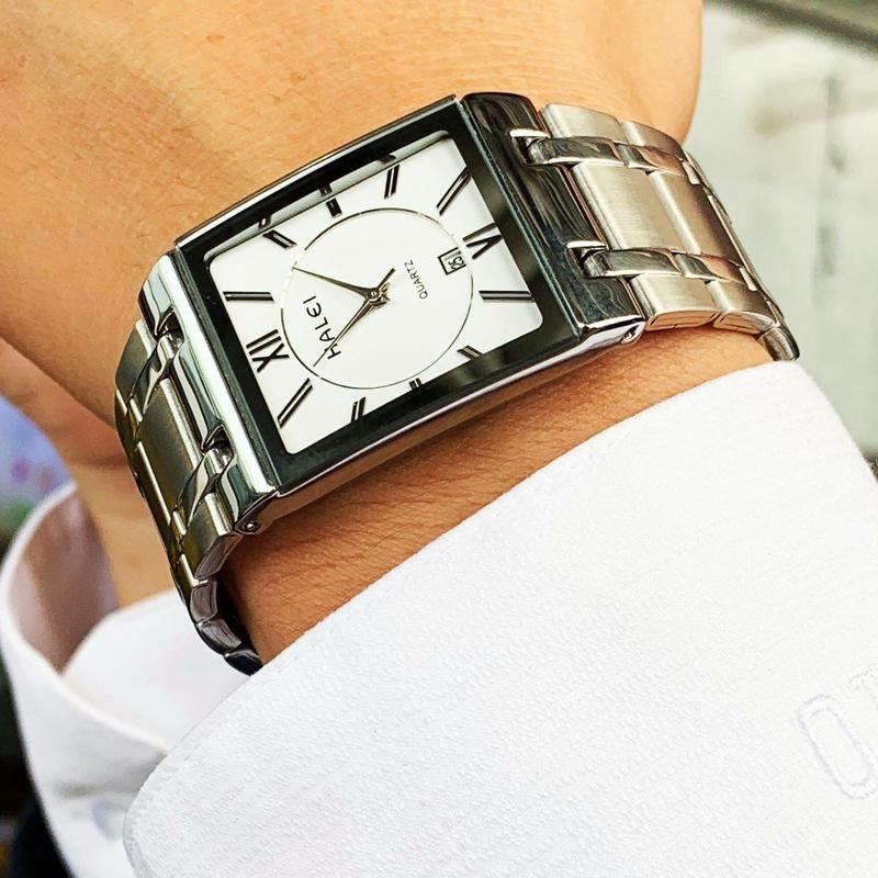 Đồng hồ nam Halei dây trắng mặt vuông chạy lịch ngày chính hãng chống nước