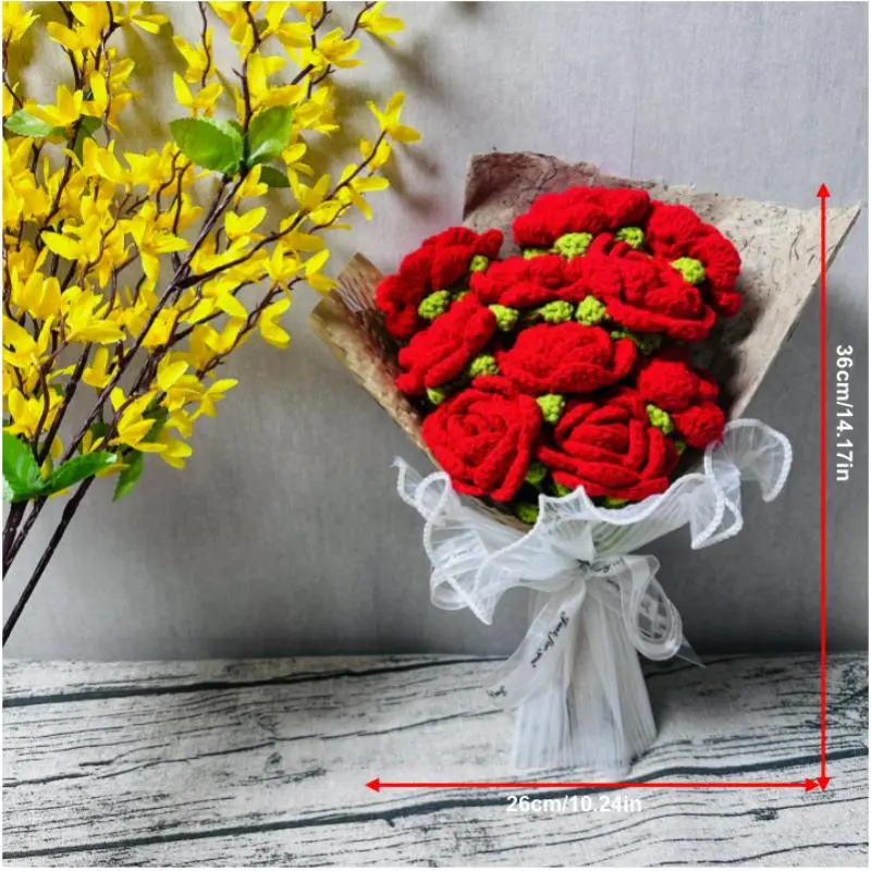 Crochet Rose Bouquet, 1 Count Artificial Flower Bouquet, Decorative Flower for Home Living Room Bedroom Dining Room Wedding Party, New Year Gift, Valentine's Day Gift 1