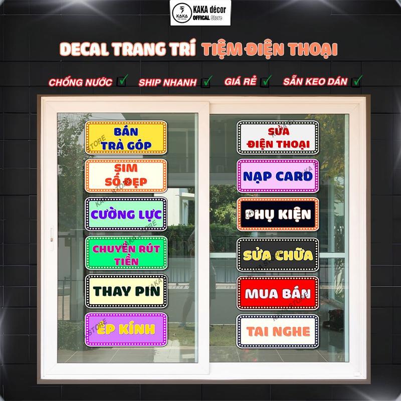 Decal Dán TIỆM ĐIỆN THOẠI, ÉP KÍNH, CƯỜNG LỰC, NẠP CARD, THAY PIN, SỬA CHỮA, MUA BÁN, SIM, MUA BÁN... - Dán Kính, Tường, Gỗ, Decor Dán Ngoài Trời, Trong Nhà, Chất Liệu Decal Cao Cấp, Chống Thấm Nước.
