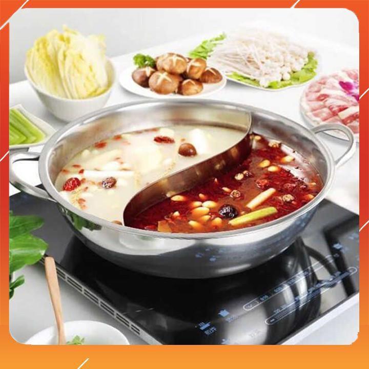 NỒI LẨU INOX 2 NGĂN 32 CM DÙNG ĐƯỢC CẢ BẾP TỪ BẾP GA, BỘ KÈM VUNG KÍNH.