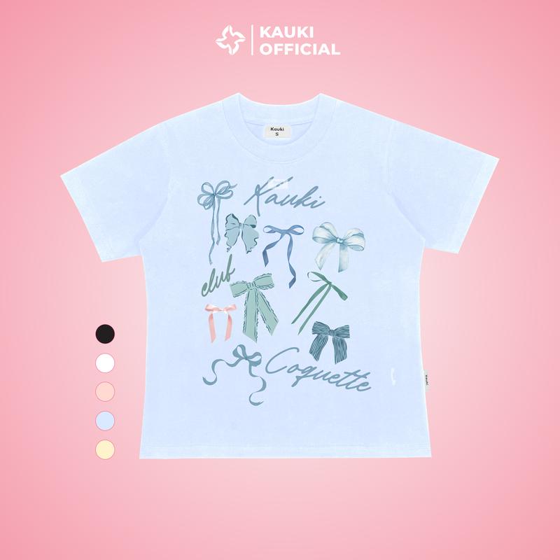 Áo Baby Tee Cotton Kauki Nơ Xanh Hội Tụ Cổ Tròn Tay Ngắn Vải Cotton 250gsm Nữ Top BBT12  Thun Women