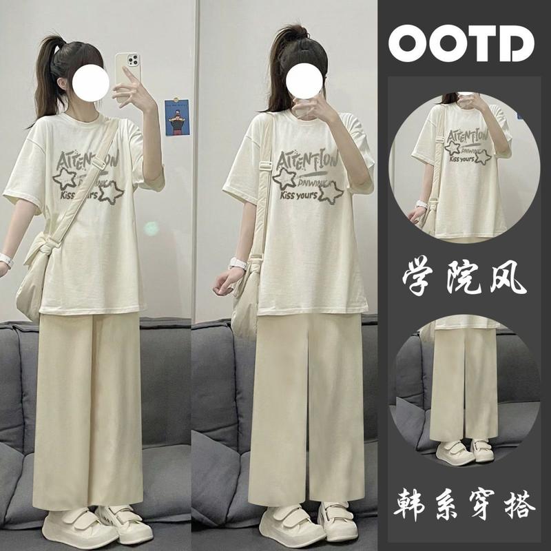Product Introduction of Áo Phông Phong Cách Đại Học Ngọt Ngào Áo Phông ngắn Tay Áo Màu Mơ, Quần Ống Rộng Mơ, Bộ Hai Mảnh Thời Trang, Dành Cho Nữ, Bộ Sưu Tập Yêu Thích [3244, Ins] 5