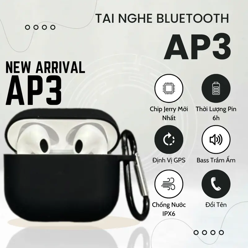 Tai Nghe Bluetooth AP3 Phiên Bản Mới Nhất Bass Trầm Âm Sâu - Tai Nghe Nhét Tai Cảm Ứng - Định Vị Đổi Tên - Chống Nước IPX6 - Earphone Nghe Nhạc Tích Hợp Micro - Tai Nghe Wireless
