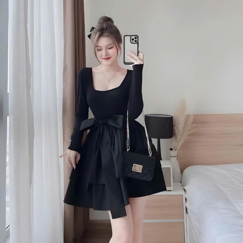 Đầm Váy Xòe Công Chúa Baby Doll Tiểu Thư Cổ Vuông Đen Tay Dài Bigsize 50-90kg Nữ Top Dress Voan Set Đồ Noel Đỏ Tết Mặc Size M L XL 2XL Cho Trọng Lượng 50-95kg Thời Trang Đặc Biệt