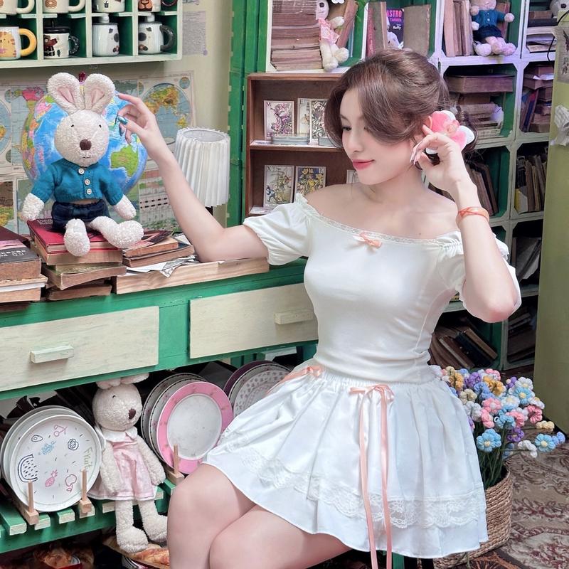 Áo babytee trễ vai phối ren cso BIGSIZE tặng kèm nơ xinh Nữ Women đỏ baby tee cho bigsize Top Kem Thun