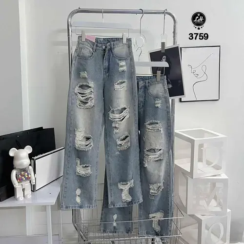 Quần jean ống rộng nữ màu xanh siêu rách te tua Lê Huy Fashion MS 3759