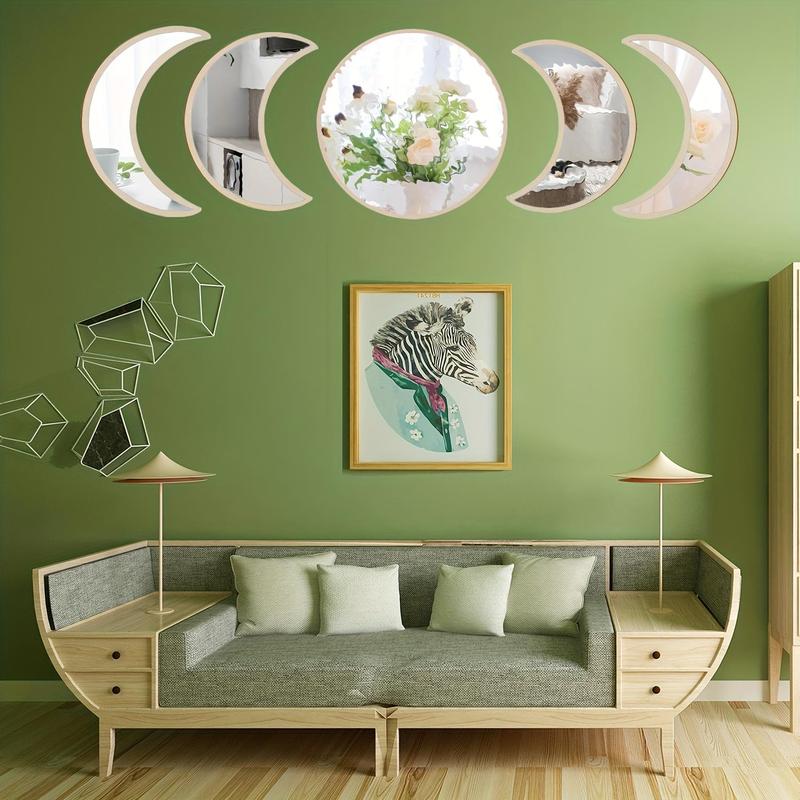 Product Introduction of Moon Phase Mirror Wall Sticker, 5 Counts/set Self Adhesive Removable Wall Decal, Decorative Sticker for Home Living Room Bedroom, Ornaments 0