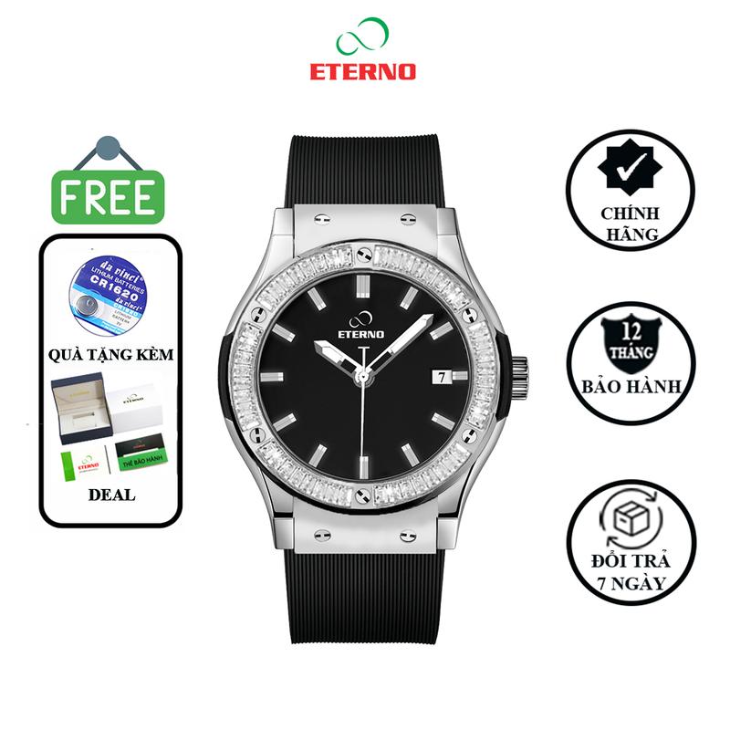 Đồng Hồ Nam ETERNO E24-0032 Viền Bạc Đính Đá, Dây Cao Su Non, Chống Nước_FULLBOX