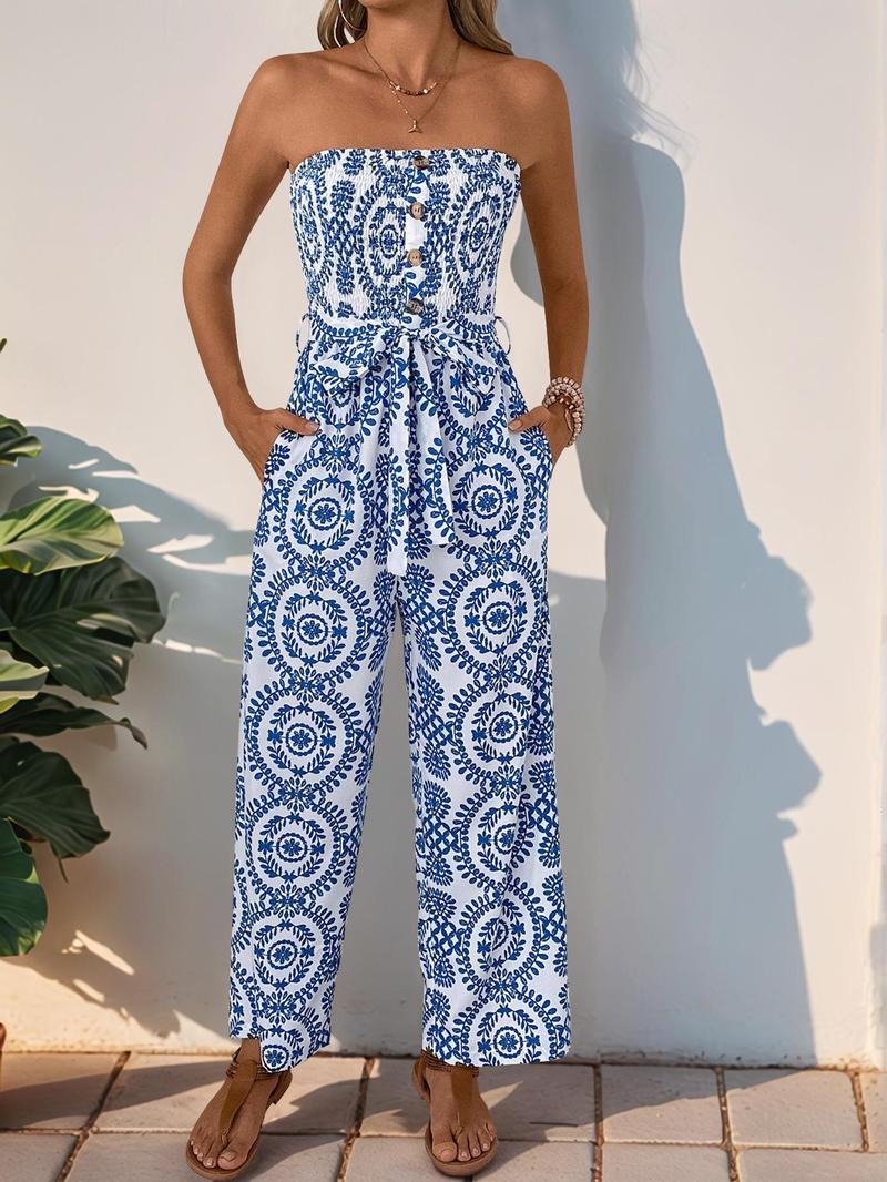 Product Introduction of Women's All Over Print Shirred Tube Jumpsuit, Chic Casual Pocket Jumpsuit for Summer, Fashion Women's Clothes for Daily Wear, Womenswear 1