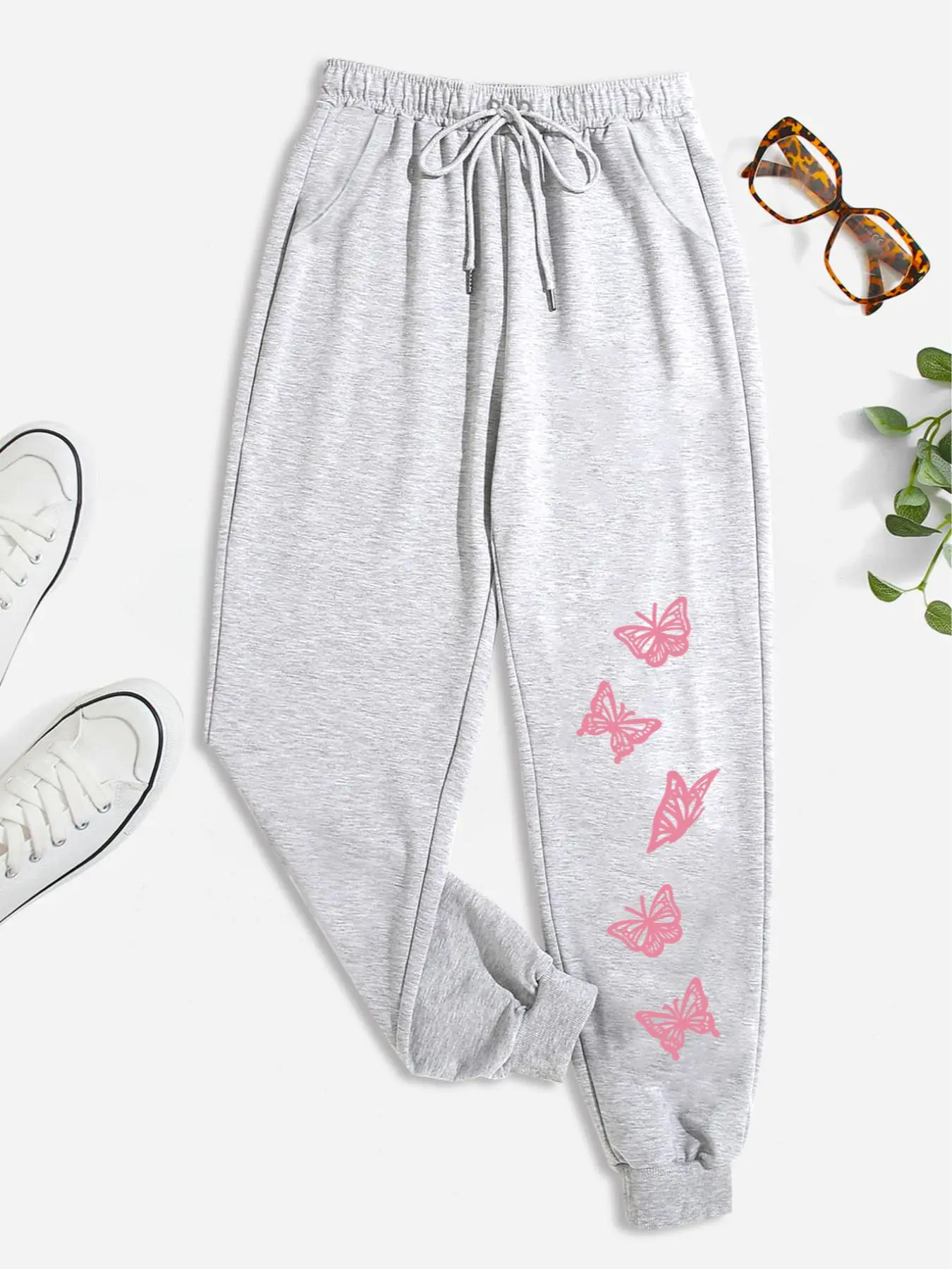 Women's Butterfly Print Drawstring Waist Jogger Pants, Casual Comfortable Sweatpants For Daily Wear, Women's Trousers For Spring & Fall