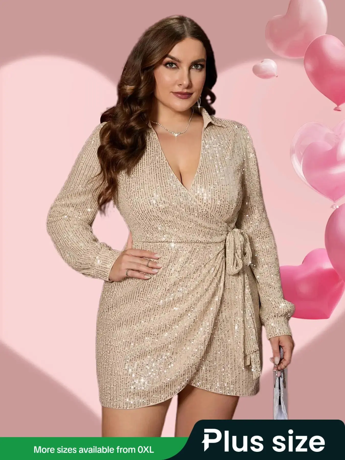 Women's Plus Size Plain Glitter Sequin Wrapped Tie Side Dress, Elegant Bishop Sleeve Collared Short Dress for Party Banquet Wear, Clothes for Spring & Fall