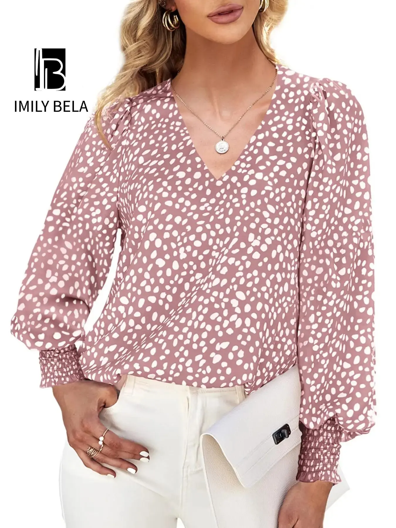 Women's All Over Print V Neck Blouse, Casual Long Sleeve Top for Spring & Fall, Women's Clothing for Daily Wear