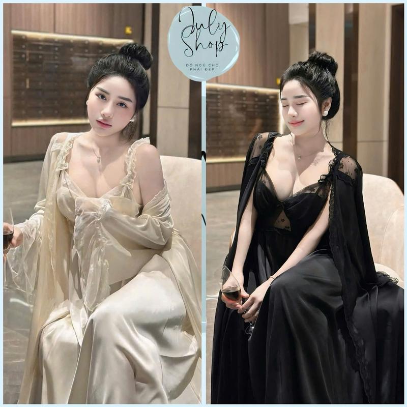 [<65kg] Đồ Ngủ Nữ JULY Set Đầm Ngủ Công Chúa 2 Dây Bèo Nơ Gợi Cảm Có Mút Kèm Áo Choàng Phối Ren Hoa Mềm Mại Chất Lụa Latin