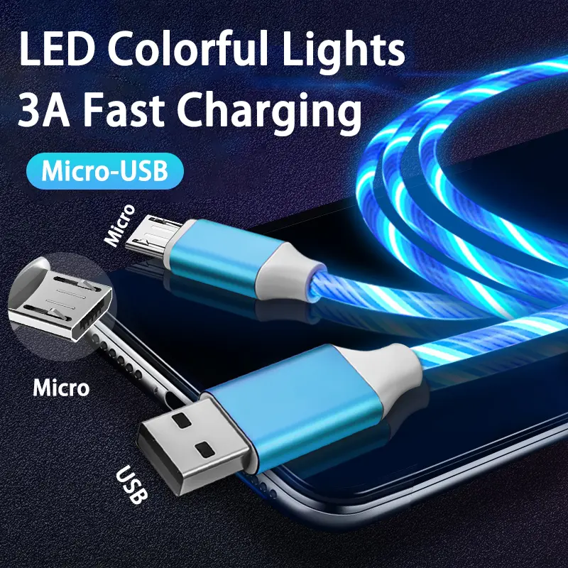 LED Lights 3A Fast Charging USB Micro Cable for Samsung Xiaomi Redmi HTC OPPO Huawei Mobile Phone Accessories Charger USB Cable Cellphone Smartphone
