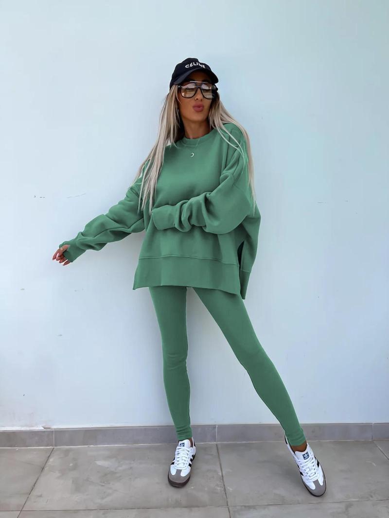 Product Introduction of 【Fashionwave Collection】 Two-Piece Set Women's Solid Drop Shoulder Split Hem Sweatshirt & Elastic Waist Pants, Casual Fashion Cozy Round Neck Long Sleeve Pullover & Skinny Trousers for Daily Outdoor Wear, Women's Lounge Clothing for Spring & Fall 10