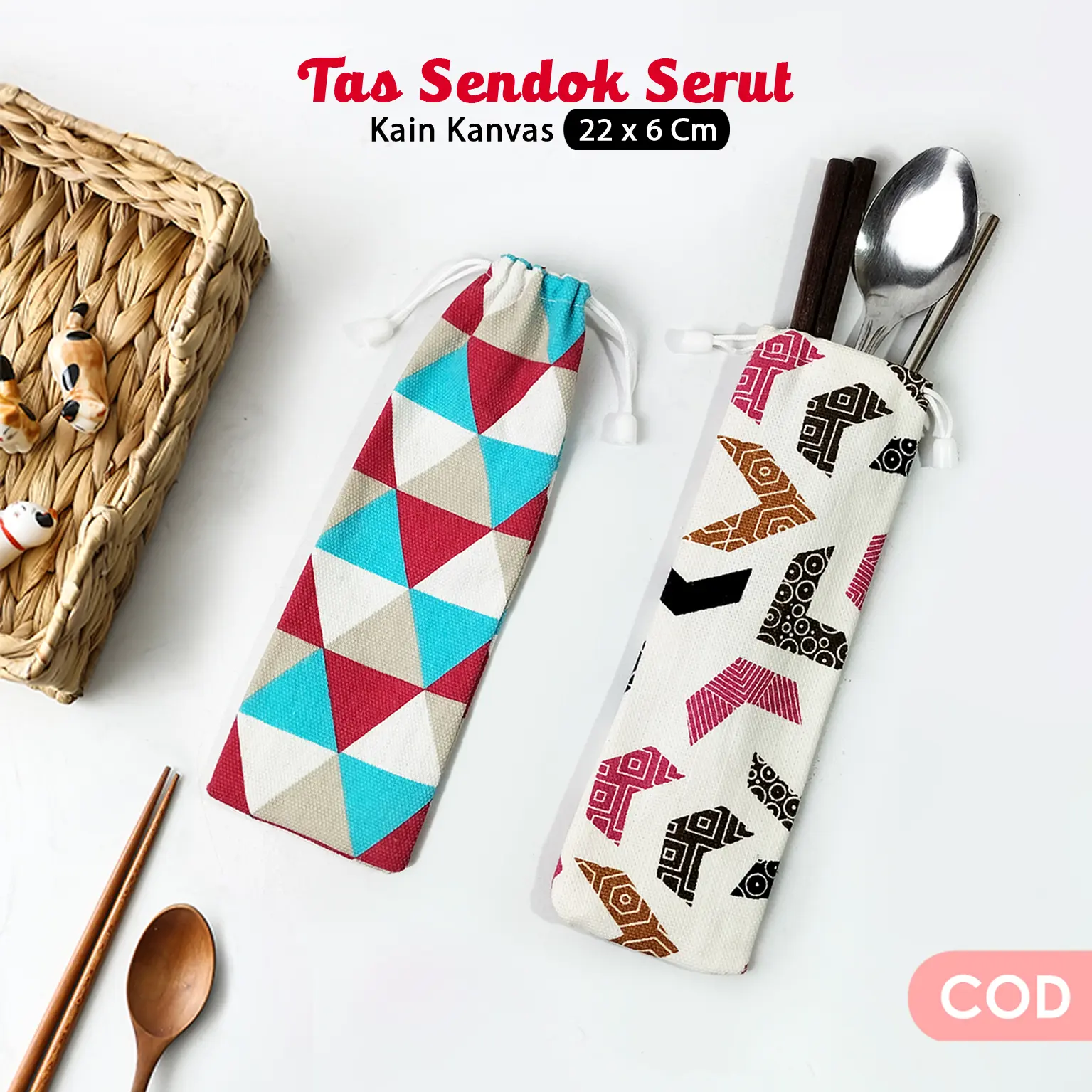 tas sendok garpu tali serut pouch sendok mini canvas motif lucu praktis terbaru