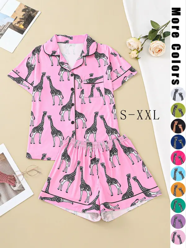 Women's Cartoon Giraffe Print Pyjama Set, Button Front Lapel Shirt Tops & Shorts Loungewear Set, Pjs Pajama Set for Women, Shortsleeve Homewear, Lounge Sets, Hide Tummy Wear Uk, Womenswear, Womens Clothes, Premium Fabric 3
