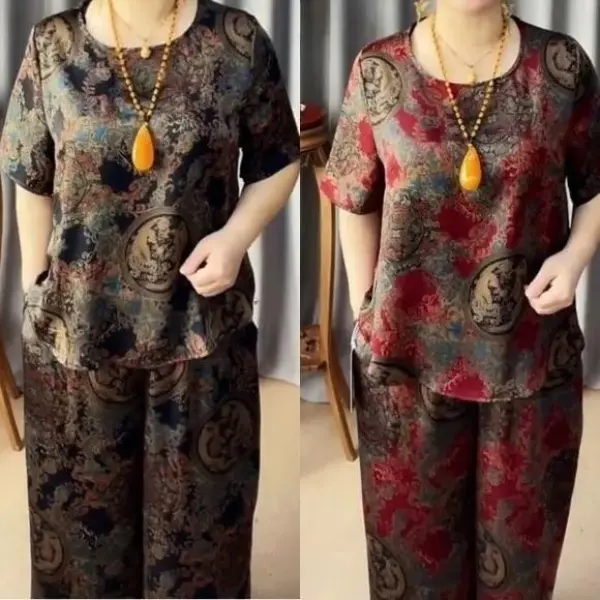 Bộ Đồ Thời Trang Mùa Hè Cho Mẹ TRUNG NIÊN, Bộ Đồ Hai Mảnh Cho Bà, Dáng Rộng Rãi Và Bó Sát, In Cổ Điển Phong Cách Bà Ngoại, Thời Trang Mới, 2024