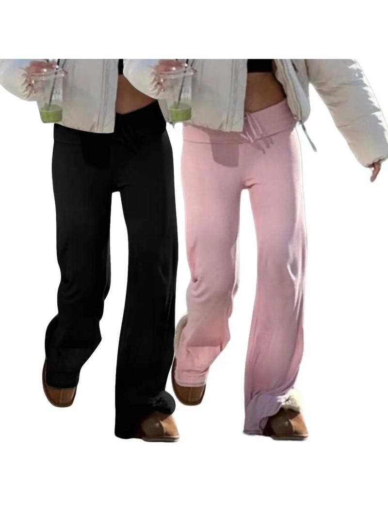 Product Introduction of Women's Solid Drawstring Foldover Waist Straight Leg Pants, Pants for Women, Fashion Casual Drop Waist Trousers, Trousers for Women, Women's Bottoms, Back To School Clothes,  Winter Outfits 13