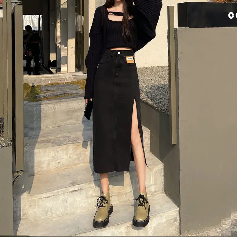 High Waist Split Denim Skirt Women's Summer Thin Light-Colored Slimming Versatile Mid-Length Split Skirt