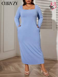 CURVZY Plus Size Split Thigh Pocket Design Autumn Aesthetic Long Sleeve Dress, Casual Solid Square Neck Long Dress for Daily Outdoor Wear, Women Plus Clothing for Spring & Fall