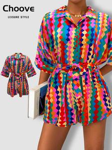 Women's All Over Print Romper, Casual Short Sleeve Button Romper for Summer, Fashion Women's Clothes for Daily Wear