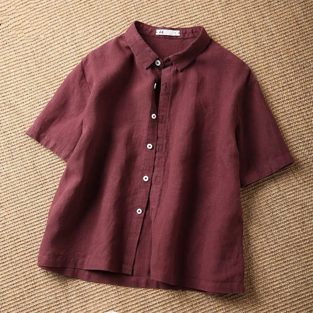 Áo Sơ Mi ngắn Tay Cổ Điển Chất Liệu Vải Lanh Bông Mỏng, Màu Trơn Dành Cho Nữ, Có Cổ Áo Blazer, Kiểu Ngắn, Thích Hợp Cho Nữ Nhỏ Dễ Phối Đồ Hàng Mới Về