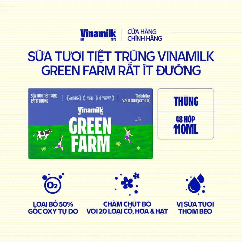 2 Thùng Sữa Tươi Tiệt Trùng Vinamilk Green Farm rất ít đường 110ml 48 hộp/thùng 3