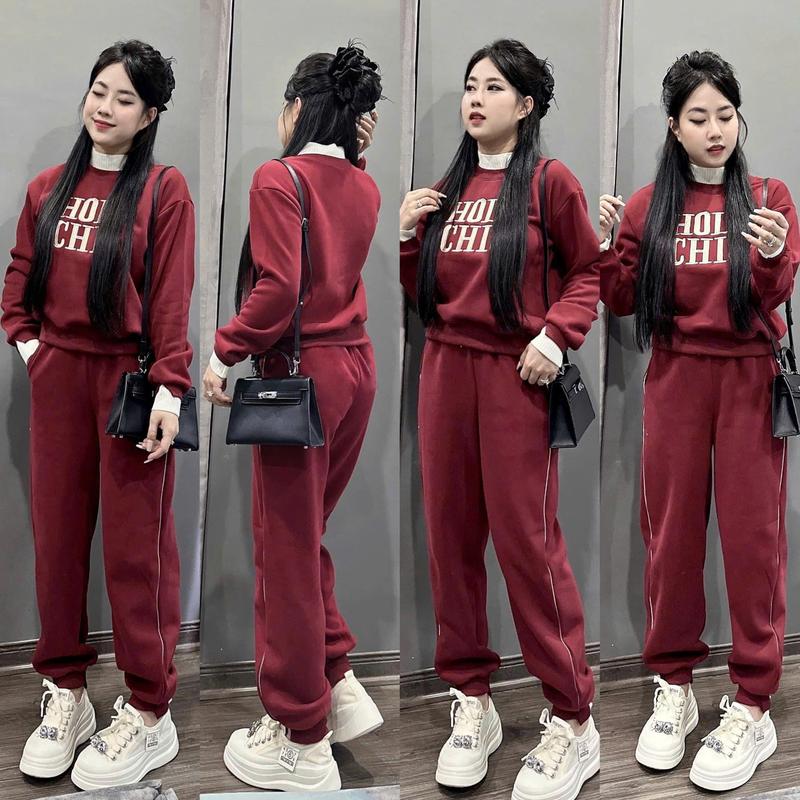 T.LINH STORE 68 - Sét Bộ Nỉ Chữ Dập Phồng Nổi Chất Nỉ Ép 2 Da Dày Đẹp Cho Nữ Mặc Cực Ấm Mùa Xuân Hè Thu Áo Nhung Voi