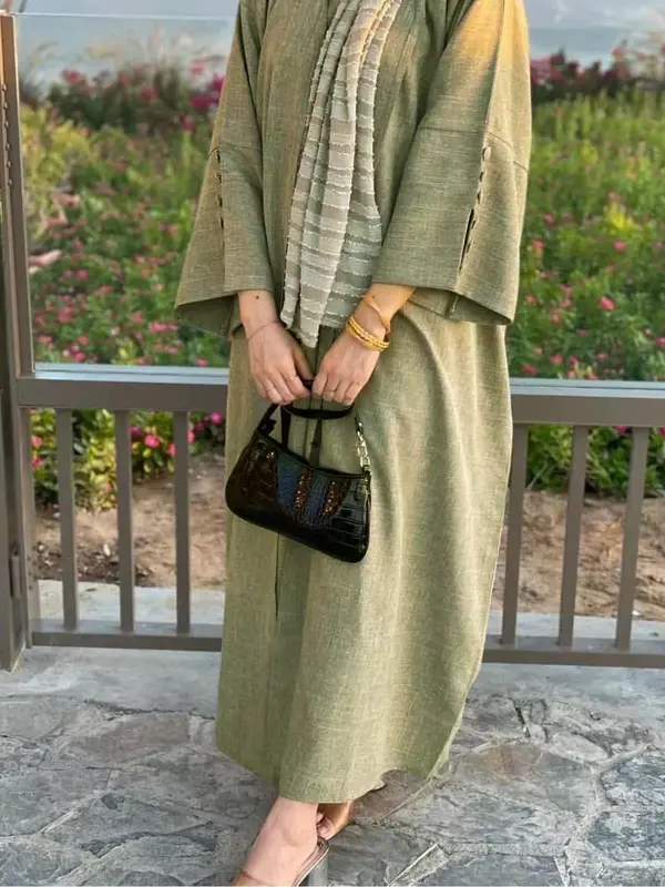 Women's Solid Fake Buttons Split Sleeve Abaya without Hijab, Elegant Modest Comfort Basic Minimalist Long Sleeve Open Front Arabic Clothing, Women's Islamic Clothing, Ladies Clothes for All Seasons 7