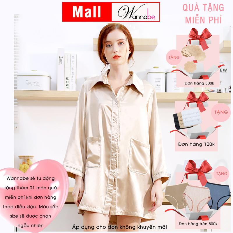 Đầm ngủ sơ mi lụa cao cấp WANNABE váy ngủ kiểu dáng pijama rộng rãi thoải mái tay dài viền gân nổi có túi tiện lợi Nữ Women Dress Đỏ Tay Loe DNS44 Tay Loe 3