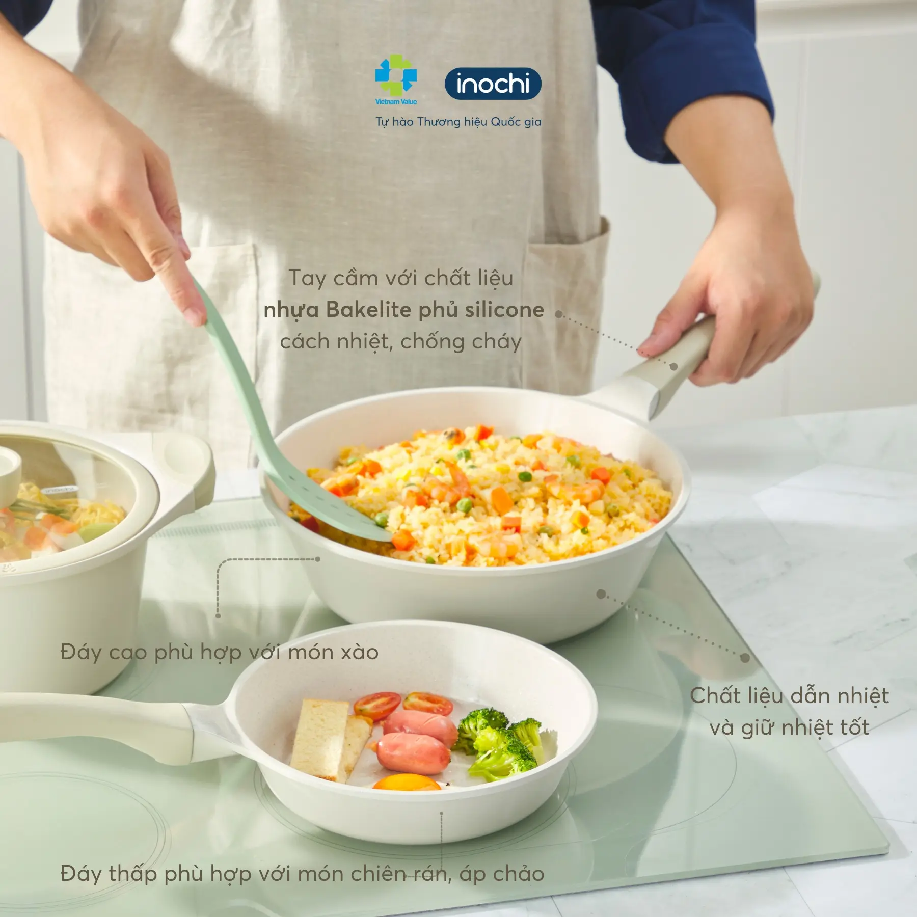 Nồi chảo chống dính Inochi cực cao cấp- Hàng Chính Hãng dùng được bếp từ có tay cầm cách nhiệt, nhiều dung tích