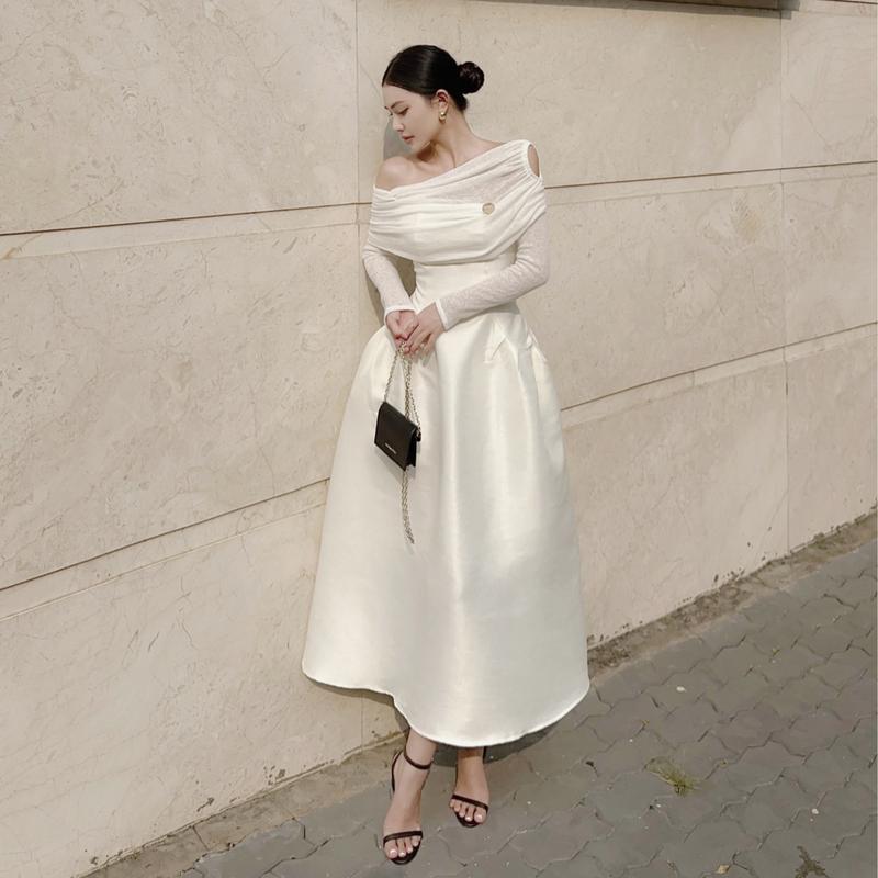 SOLEIL - Váy Đầm Yoon Dress Thiết Kế Nữ Chéo Khoét Vai Chiết Eo Dài Tay Dáng Bồng Tăm Hoa Phối Taffeta Tiểu Thư Sang Trọng Đi Tiệc Đi Chơi Thường Ngày Women VD83 8