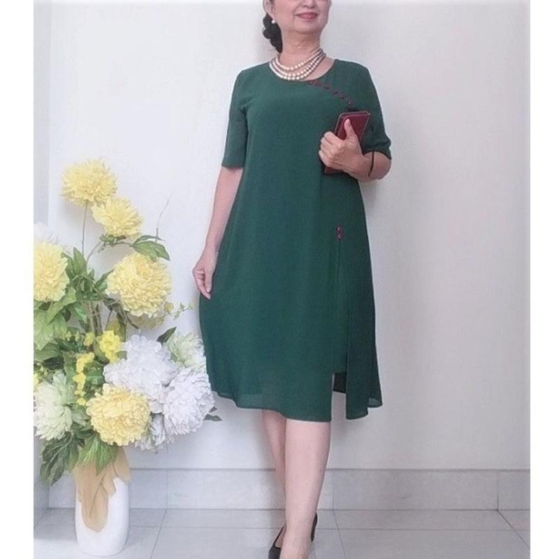 Product Introduction of Đủ Size 50 - 90Kg - Váy Đầm Trung Niên Vải Voan Chiffon 2 Lớp Đính Nút Duyên Dáng - Form A Che Bụng 45