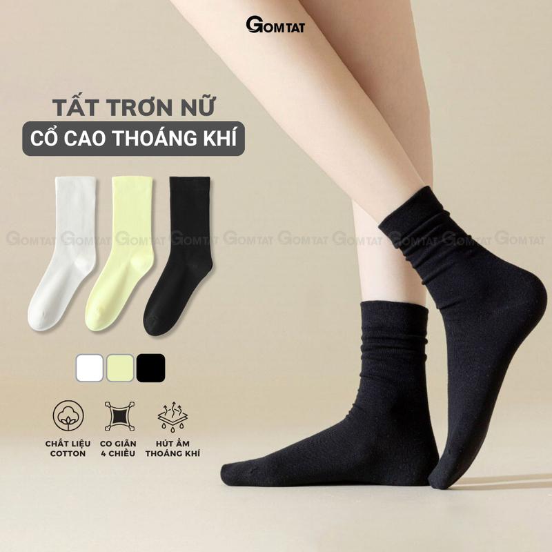 Tất trơn cổ cao thoáng khí GOMTAT mẫu basic, vớ trơn nữ chất cotton khử mùi êm chân, Voi - AJ-2508-1DOI