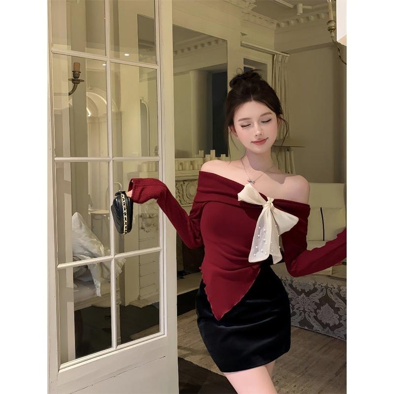 Ngọc Bích Bigsize Áo thun tăm trễ vai tay dài đính nơ ngọc ms 109 nữ women Voi Top 1
