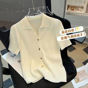 เสื้อยืดแขนสั้นผ้าฝ้ายถักคอโปโล, วัสดุผ้าไหมน้ำแข็ง, ปกติไหล่, สำหรับผู้หญิง, ฤดูร้อนปี 2024 มาใหม่, เสื้อคาร์ดิแกนบางอเนกประสงค์