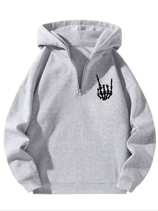 Men's Regular Fit Skeleton & Letter Print Half Zip Up Hoodie, Casual Comfy Long Sleeve Hooded Sweatshirt for Fall & Winter, Men's Clothes for Daily Wear, Clothing 7