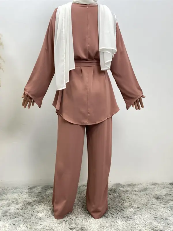 Two-Piece Set Women's Solid Zip Up Belted Top & Wide Leg Pants Two-piece Set, Modest Long Sleeve Round Neck Top & Trousers for Daily Wear, Ladies Fall Clothes 5
